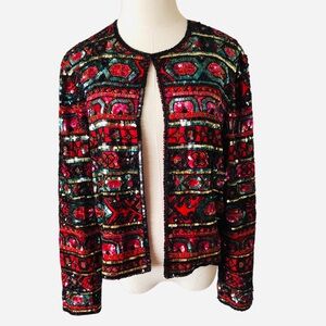 Adrianna Papell Vintage Evening Red Black Sequin Silk Jacket Large